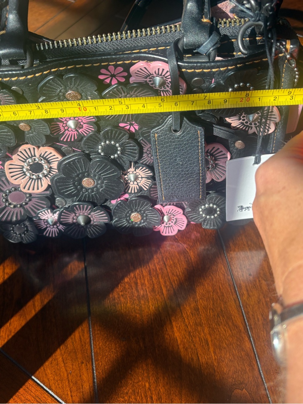 Coach Rouge 1941 Black Leather Satchel with Tea Rose Pink Floral Appliqués - Picture 6 of 9